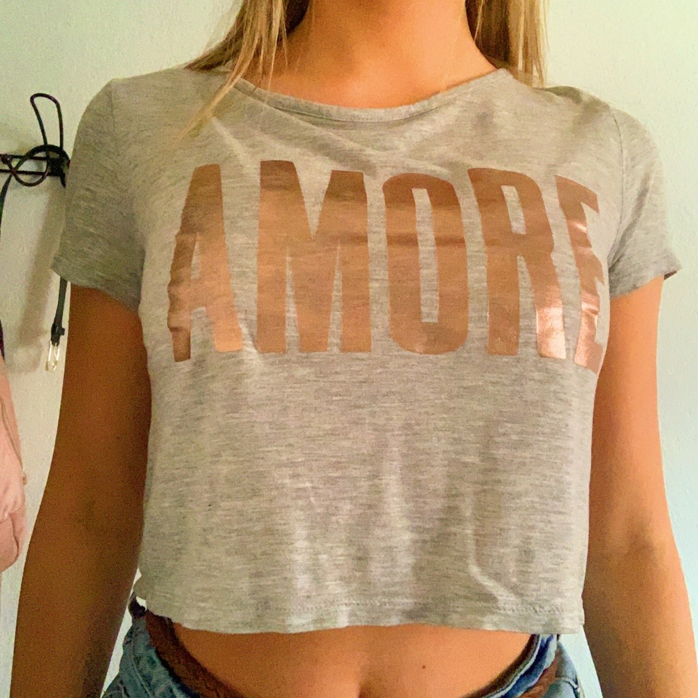 amore grey crop top w/ rose gold lettering
